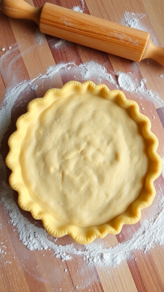 A golden brown pie crust with a crimped edge on a wooden table, surrounded by baking tools.